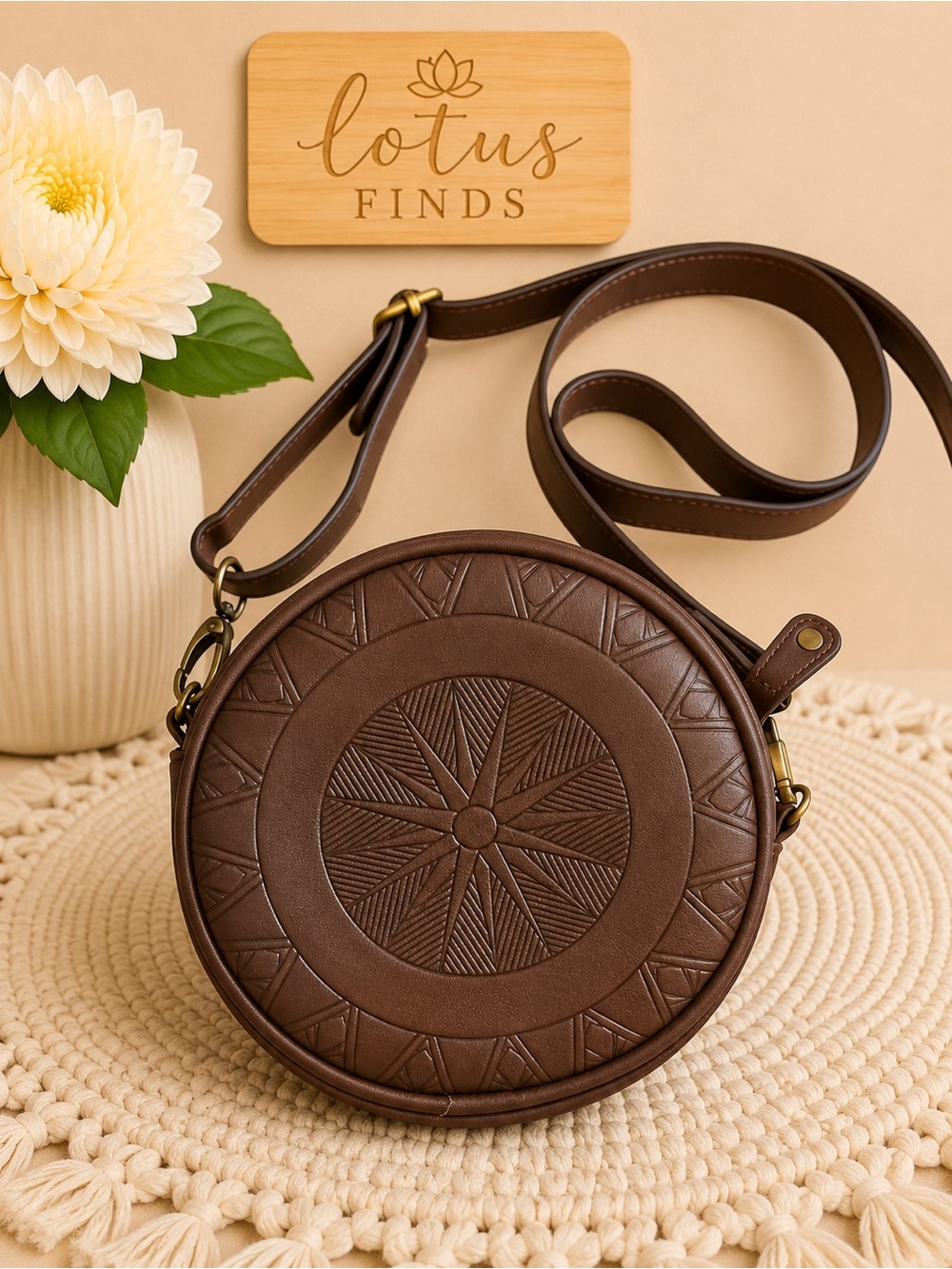 Wonder Woman Round Faux Leather Crossbody Bag Brown Adjustable Strap